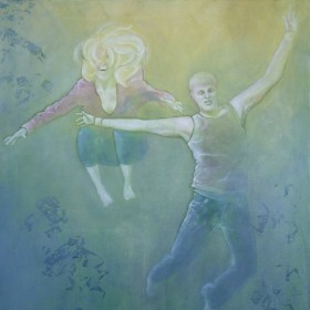 Gemälde in Mischtechnik eines Mannes und einer Frau springend oder fallend vor grünem Hintergrund, 
      Illustration des Liedes der letzte Tag von Peter Fox